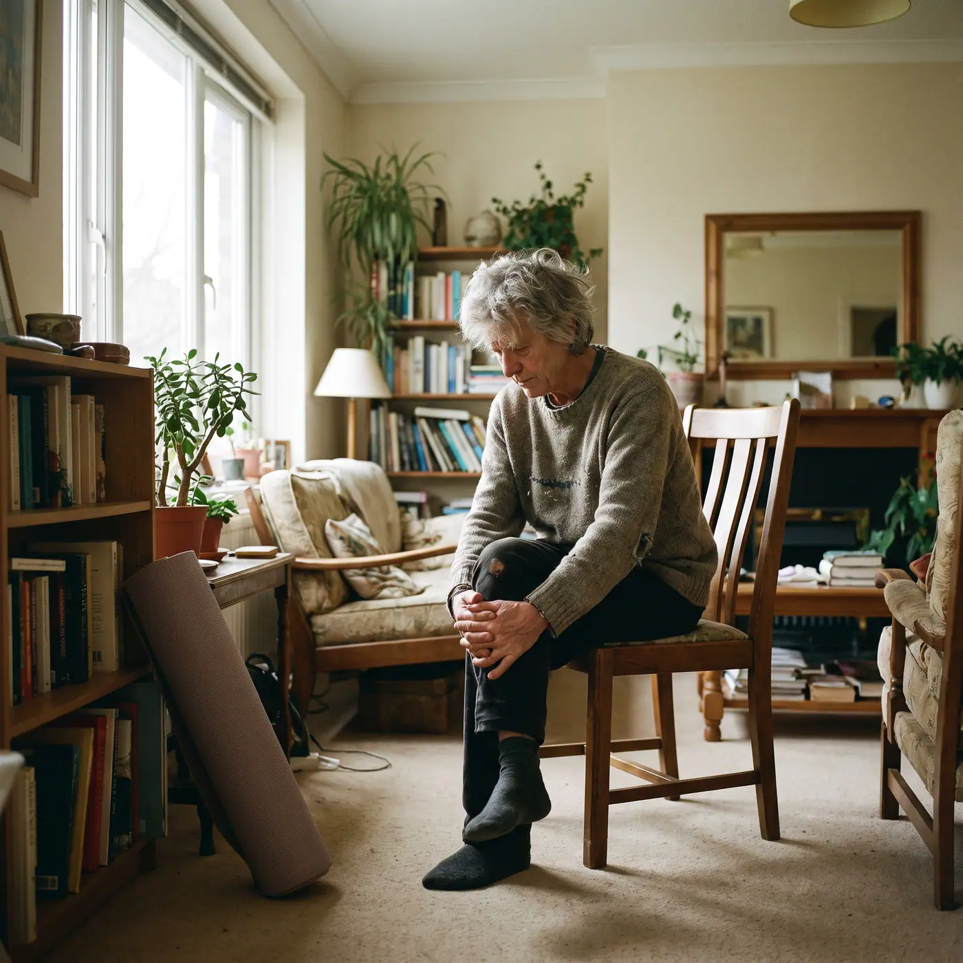 Elderly person performing a gentle seated stretch on a dining chair in a sunlit living room