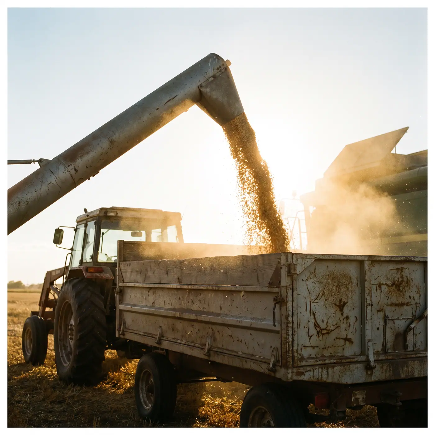 Golden grain flowing from a farm auger into a large trailer, backlit by the low setting sun