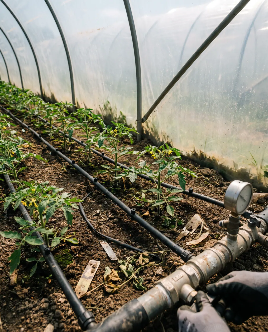 Drip irrigation lines providing water to young tomato plants growing in neat rows inside a