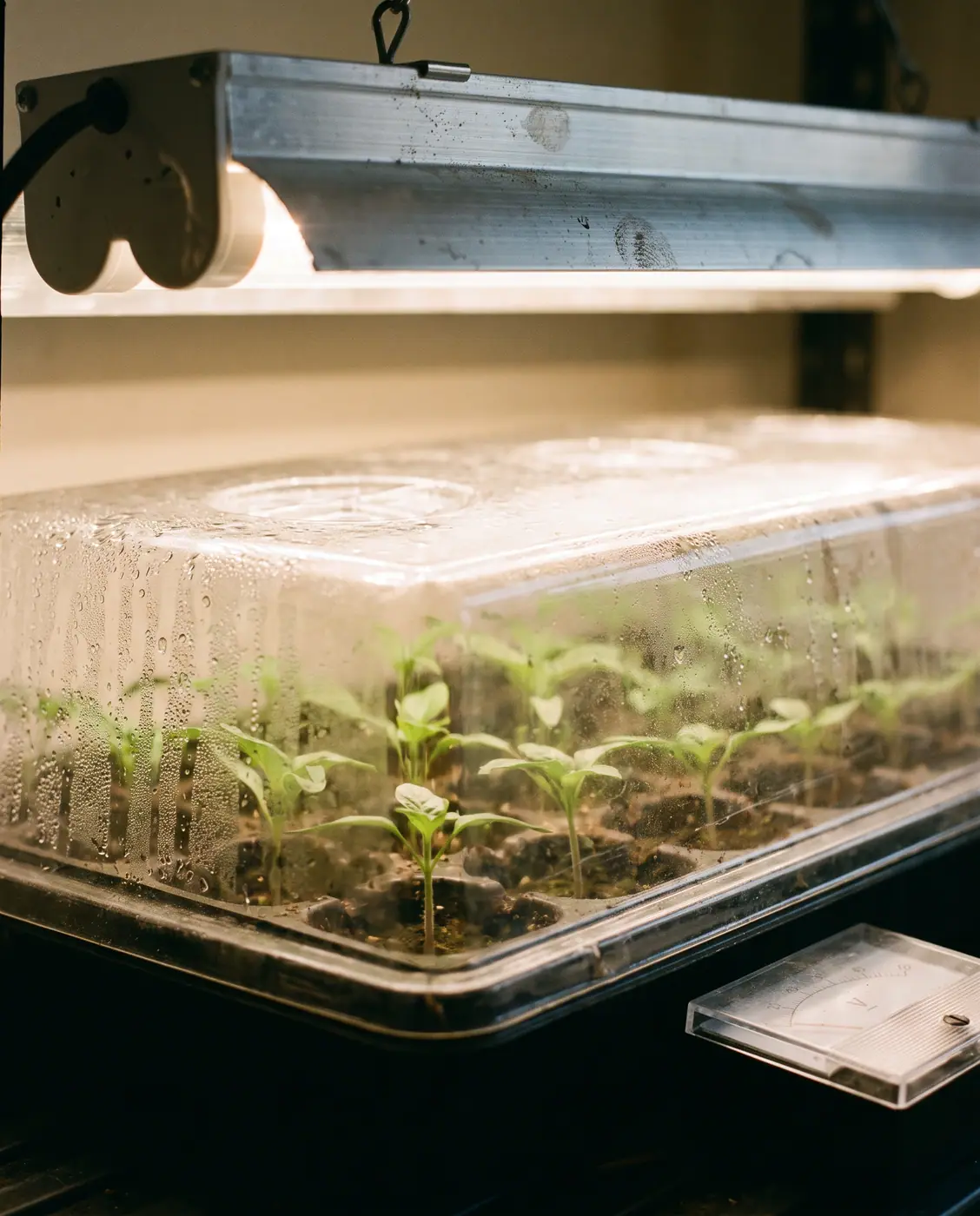Vibrant green true-leaf seedlings growing in a propagation tray under full-spectrum grow