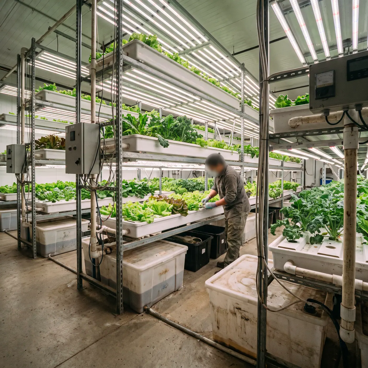 Modern vertical farm showcasing stacked hydroponic racks filled with fresh leafy greens under