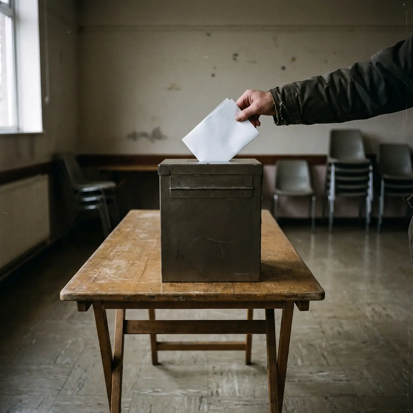 Anonymous hand casts a blank folded paper ballot into a plain unmarked box on a folding table