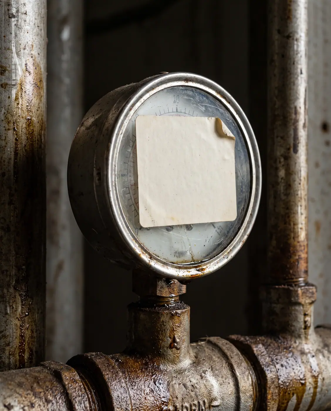 Blank calibration sticker on industrial pressure gauge pipe