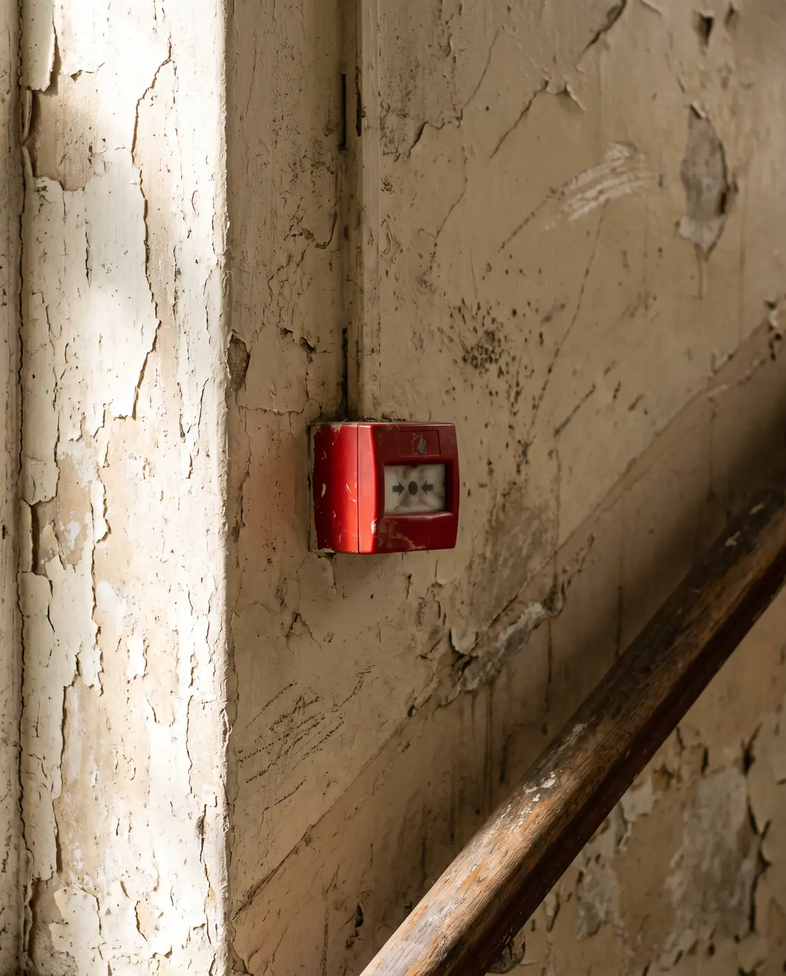Red manual fire alarm call point on textured stairwell wall