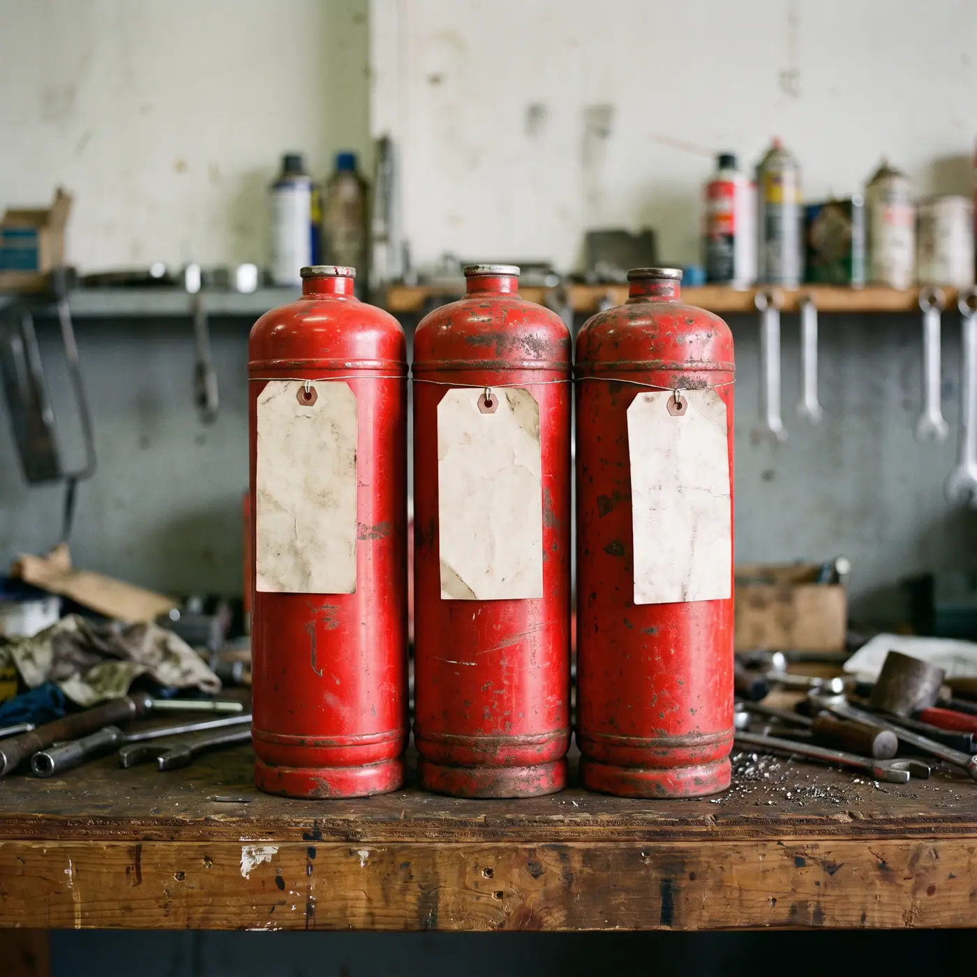 Red fire extinguisher cylinders with blank tags on bench