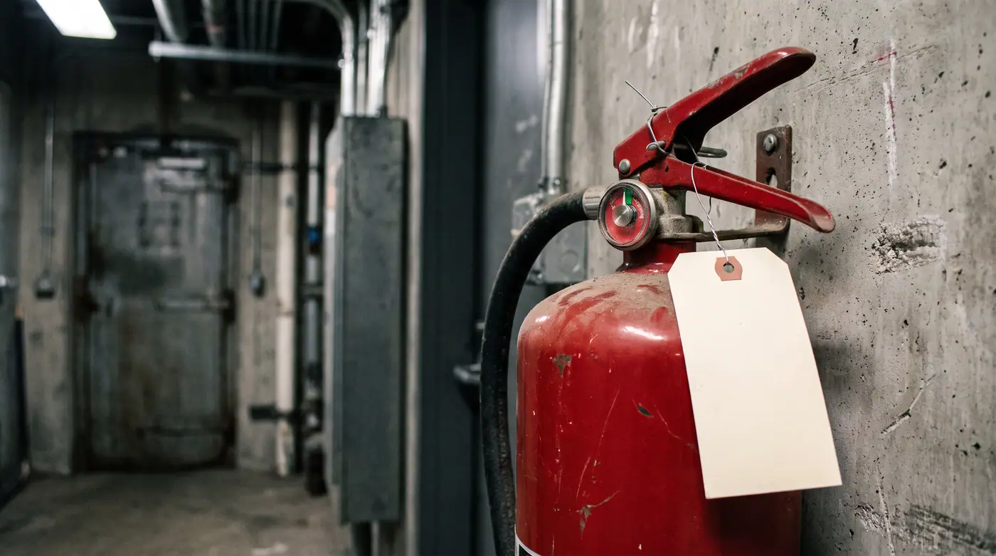 Red fire extinguisher securely mounted on a wall in an industrial building corridor, featuring