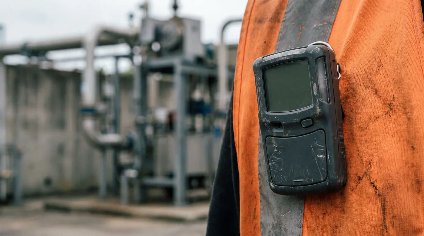 Personal gas detector clipped to a worker's safety vest, blank display visible, with a blurred