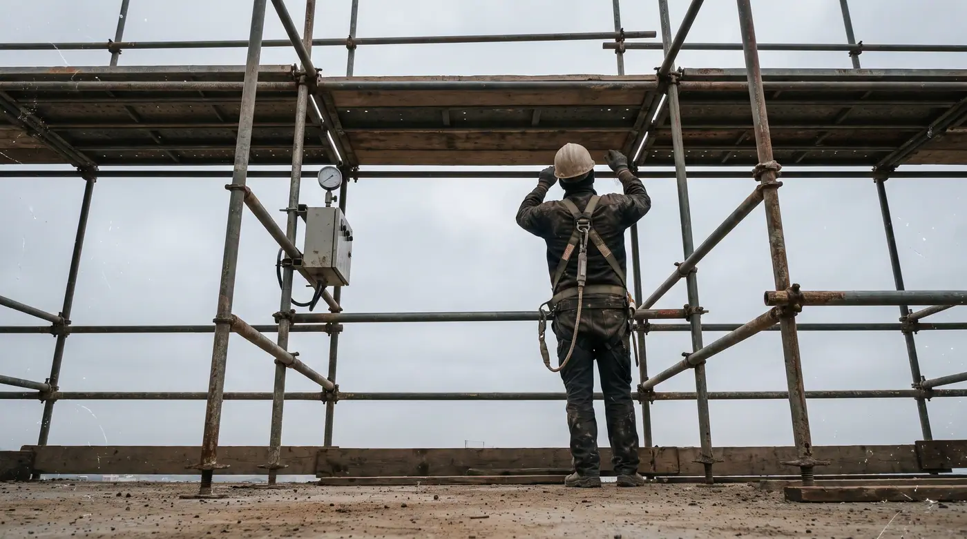 Worker in hard hat and safety harness secured to scaffolding, seen from below against an