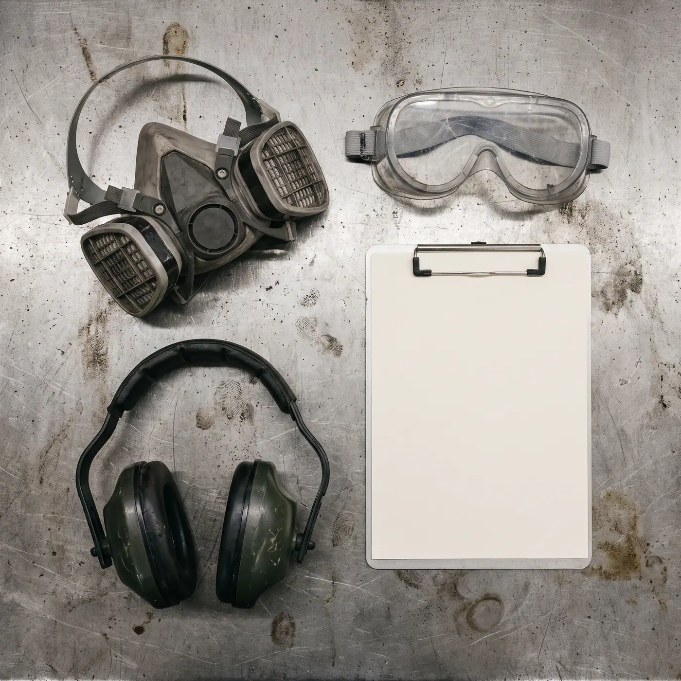 Personal protective equipment including a respirator, safety goggles, and ear defenders neatly
