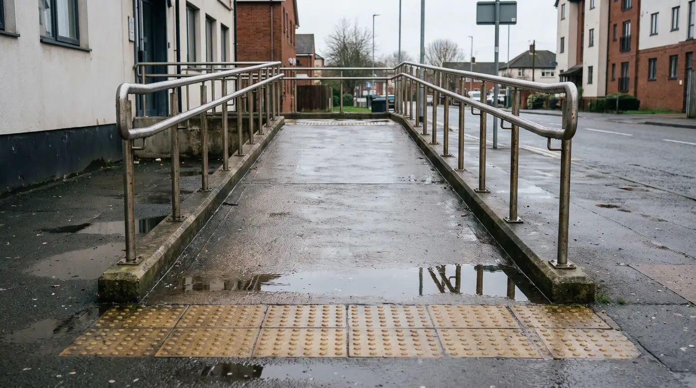 Wheelchair accessible ramp entrance with a handrail and tactile paving on wet pavement