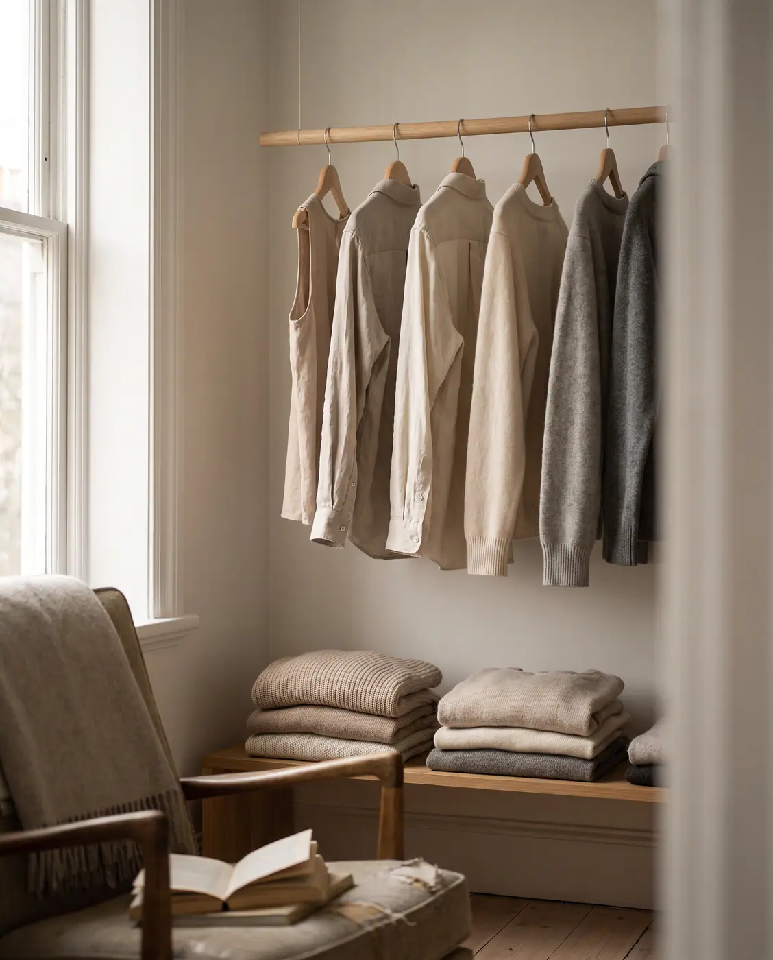 Capsule wardrobe neutral colors minimalist fashion beige cream grey