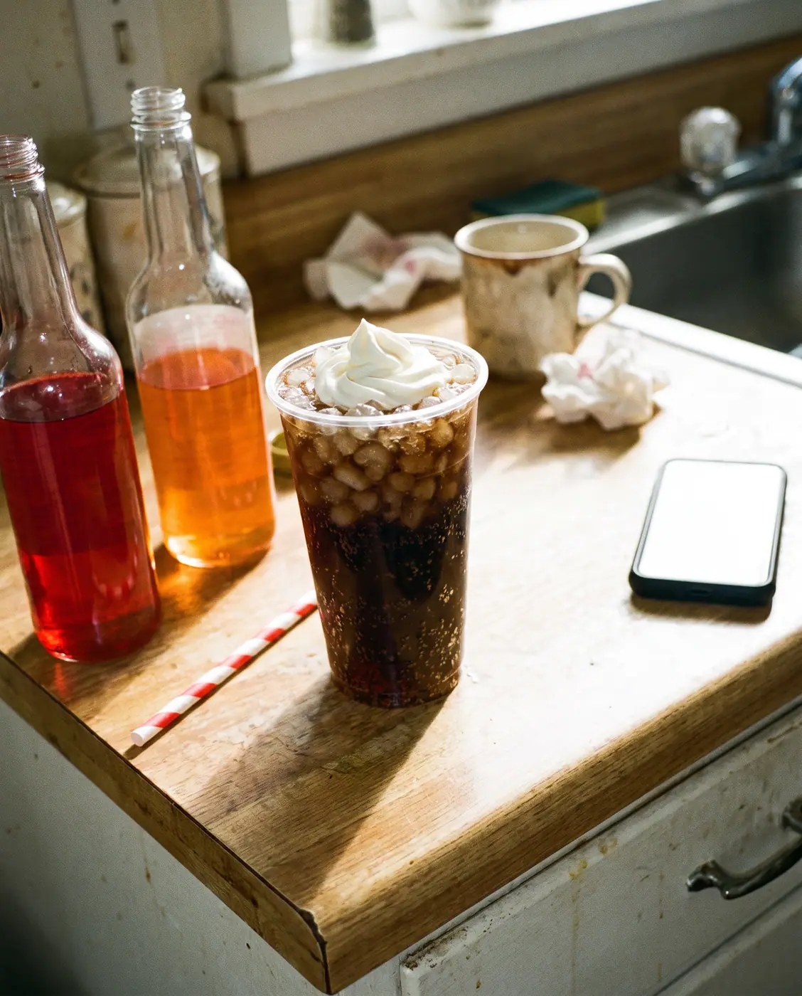 Cola drink beverage cream swirl ice syrup bottles straw counter