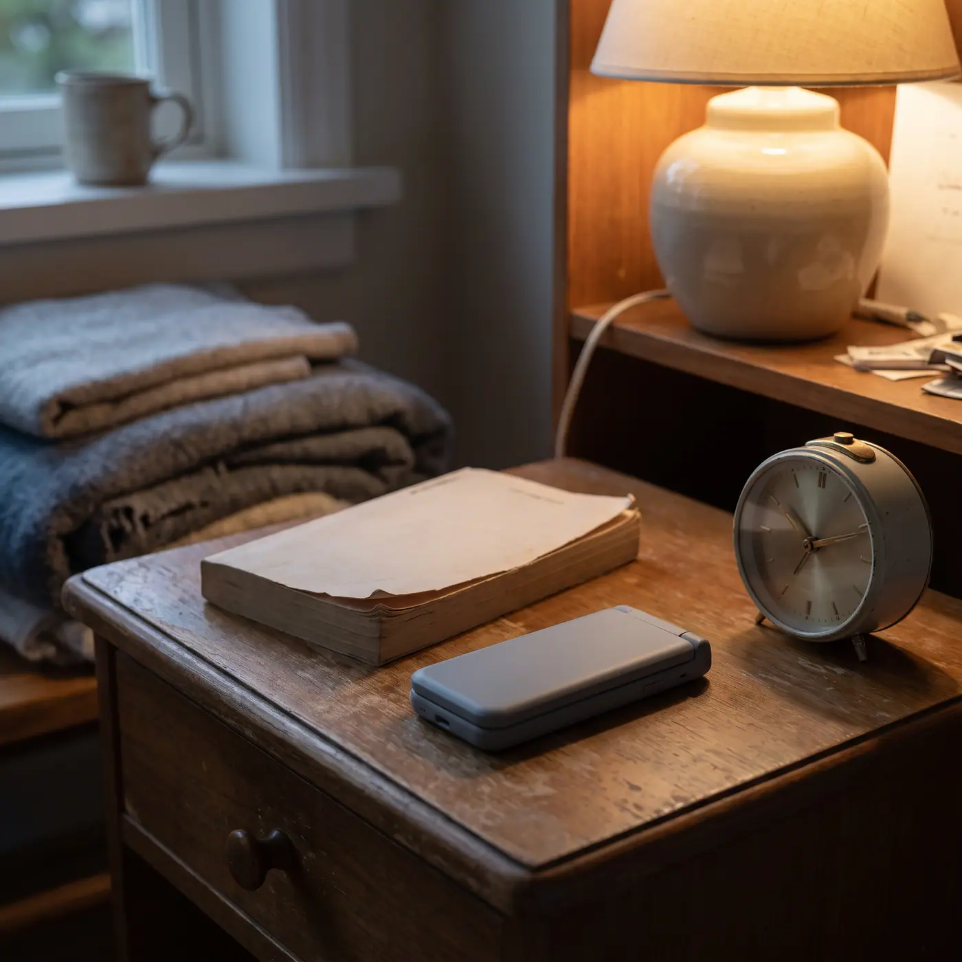 Flip phone digital detox nightstand analog clock paper book