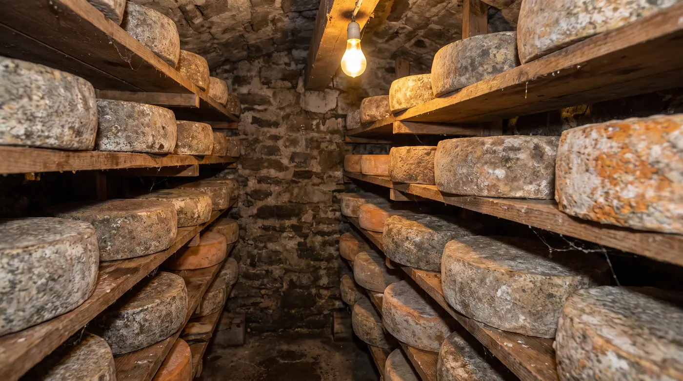 Artisan cheese wheels, wooden shelves, aging cellar, stone wall