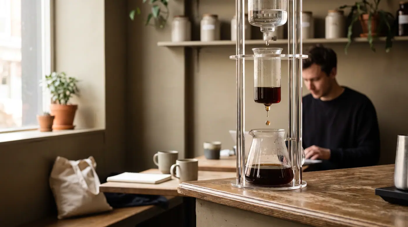 Glass cold brew drip coffee tower cafe counter morning light