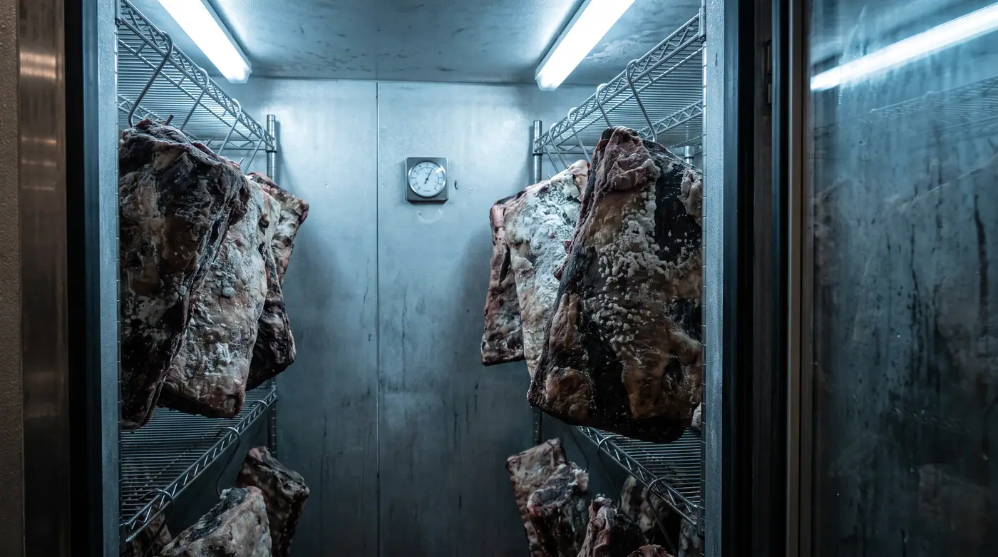 Dry-aged beef primal cuts hanging in aging locker, white mould