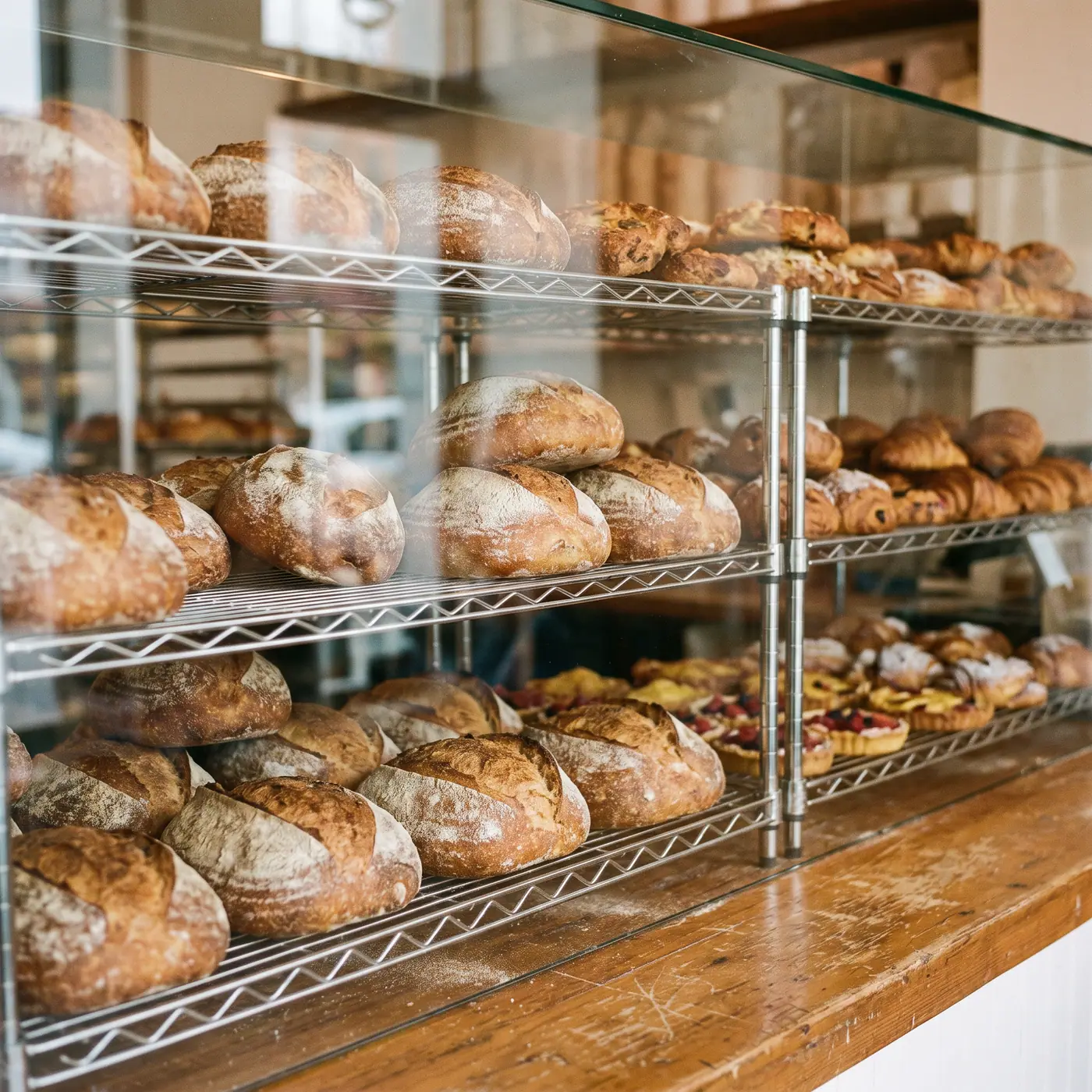 Gluten-free pastries loaves bakery display case wire racks blank