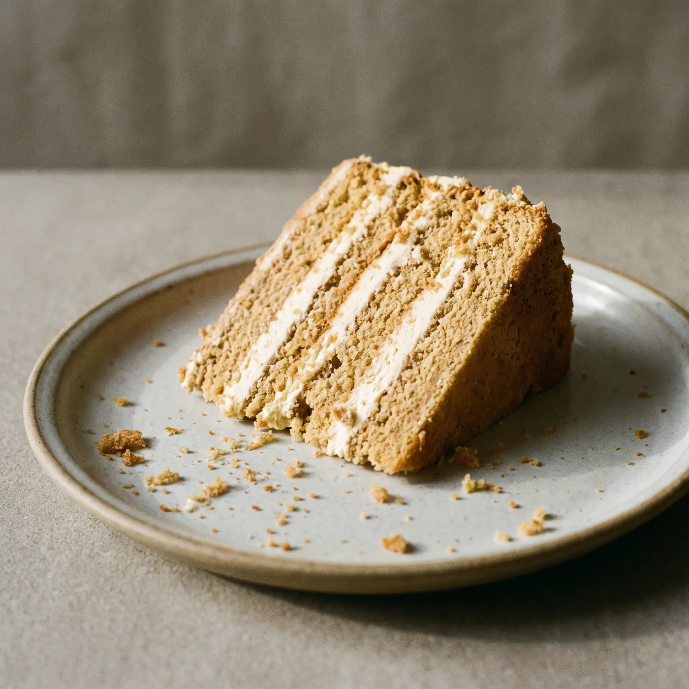 Layer cake slice cross section cream filling plate crumbs detail
