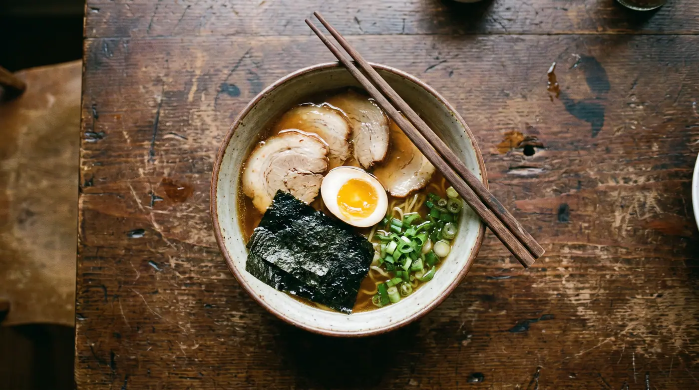 Overhead ramen bowl soft egg chashu nori scallion steaming broth