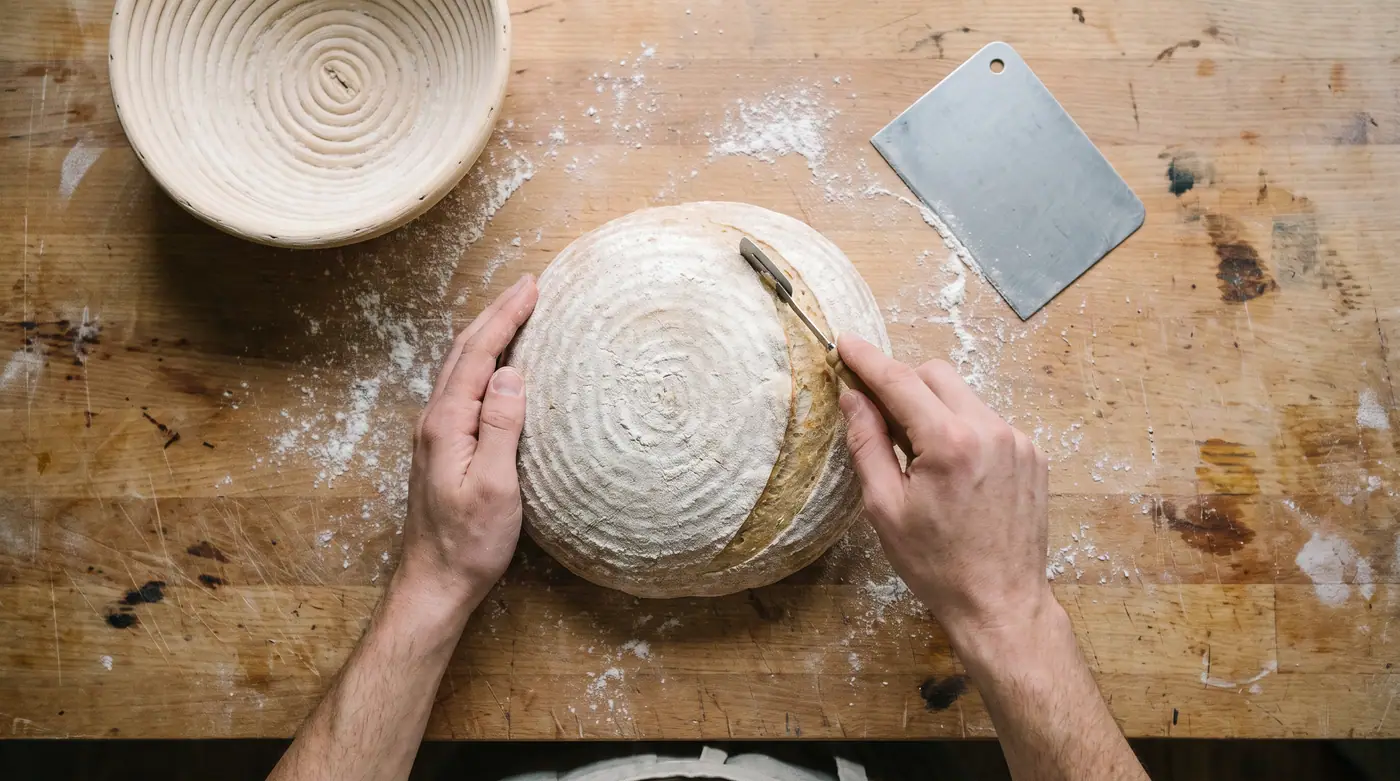 Overhead hands scoring sourdough boule with lame, flour, banneton