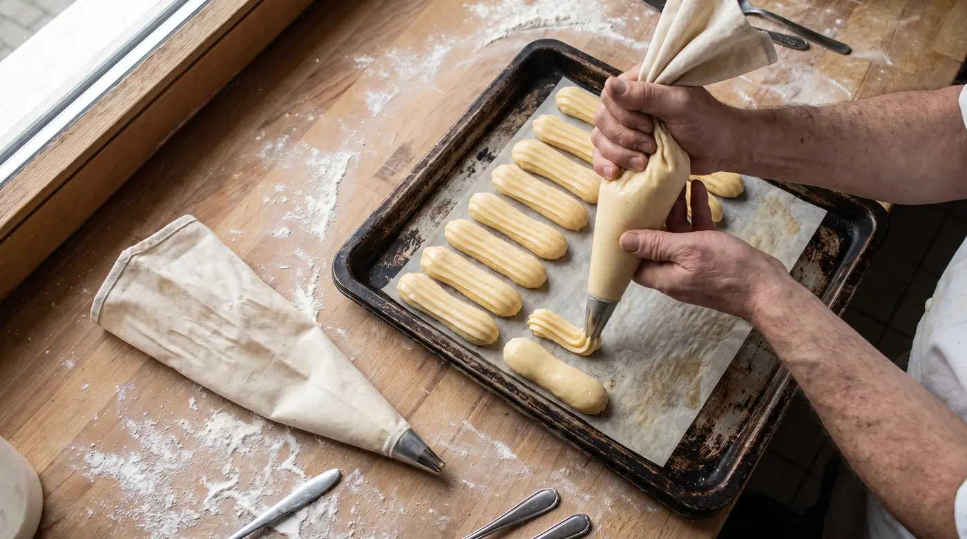 Choux pastry eclairs on baking tray, piping bag, hands, flour