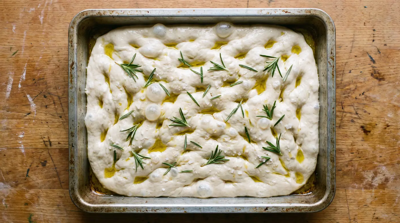 Focaccia dough dimpled rosemary salt olive oil baking tray overhead