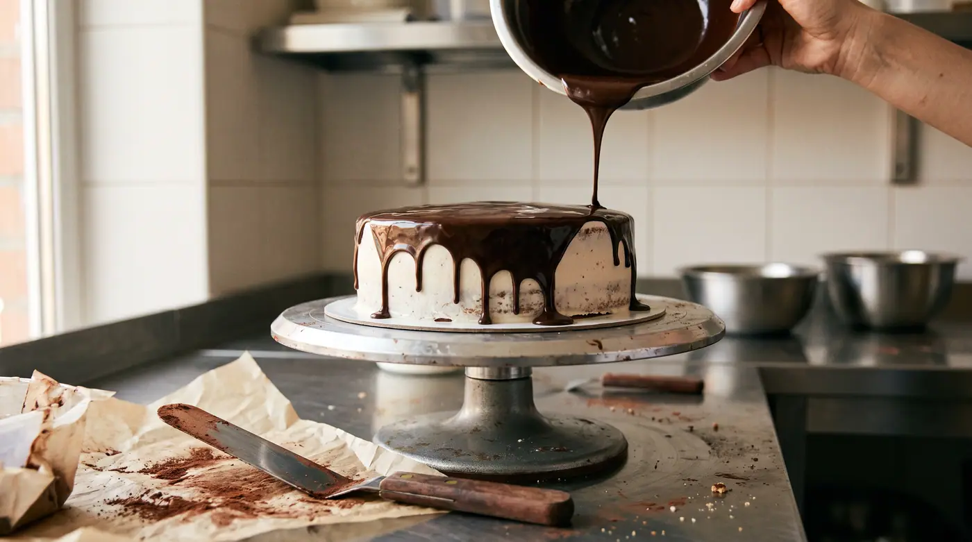 Dark chocolate ganache pouring over cake, glossy drips, turntable