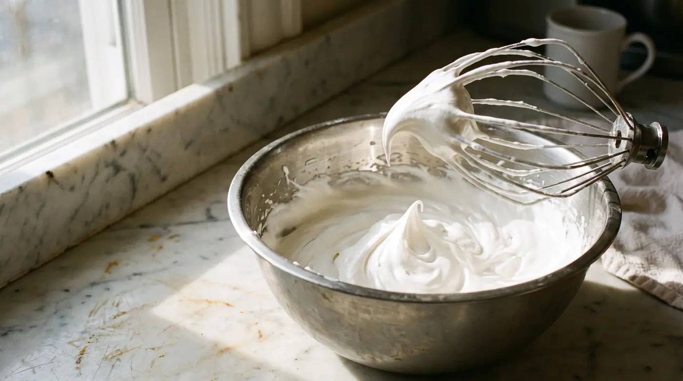 Glossy swiss meringue buttercream stiff peaks whisk mixing bowl