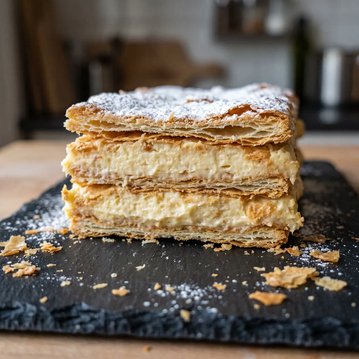 Mille feuille cross section, puff pastry layers, cream, dusted