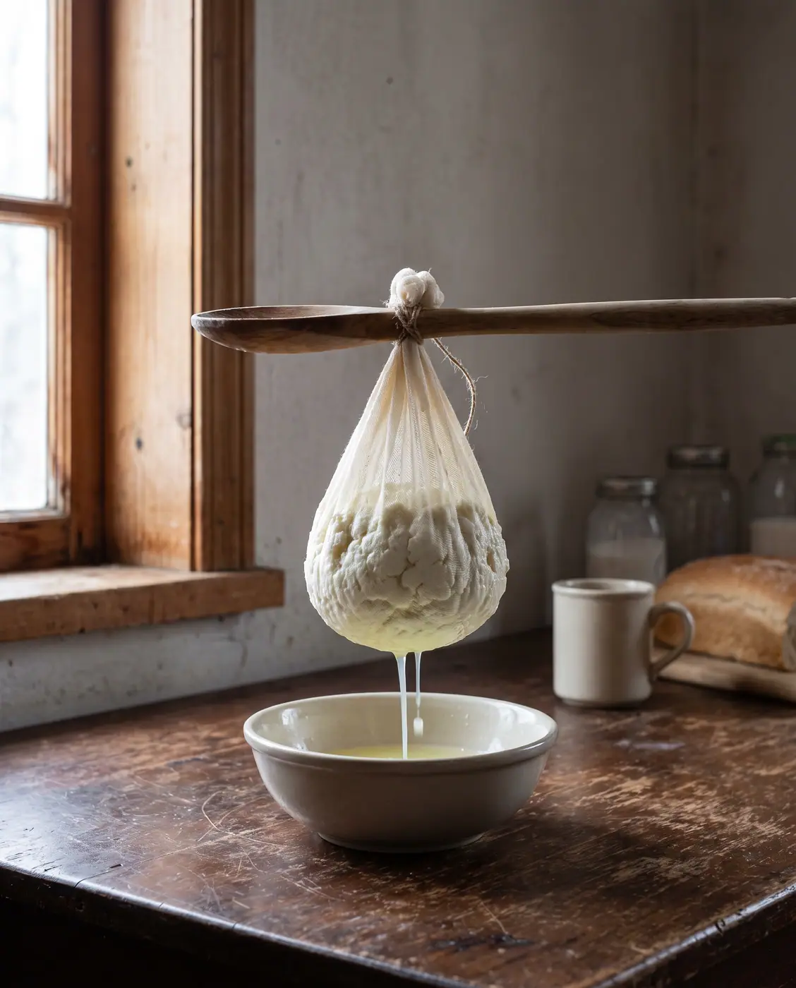 Fresh ricotta draining cheesecloth bowl whey rustic table morning