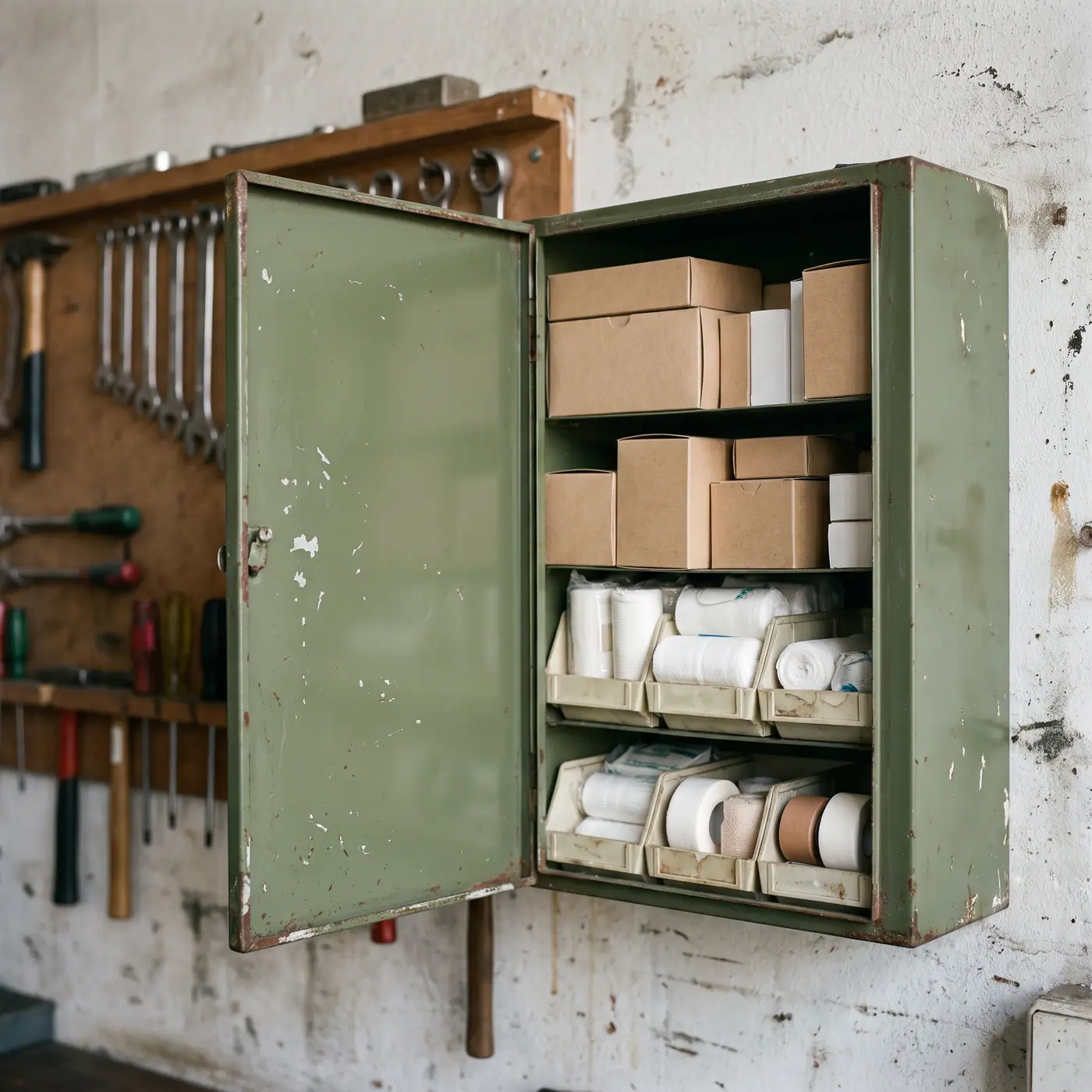 Green first aid cabinet open workshop wall bandages dressings tools