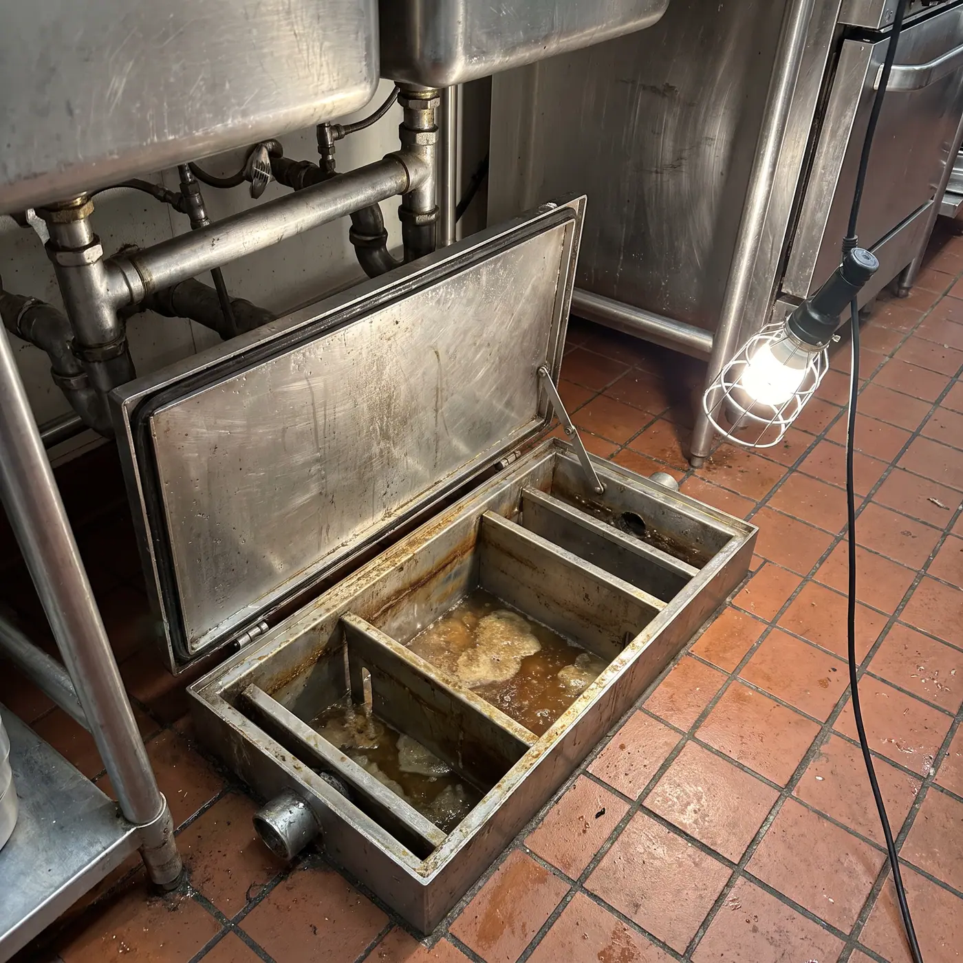 Commercial kitchen under-sink grease interceptor open baffle