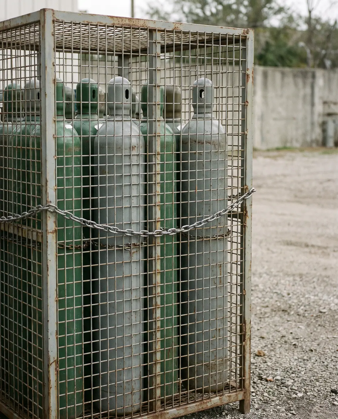 Medical oxygen cylinders steel storage cage outdoors compliance