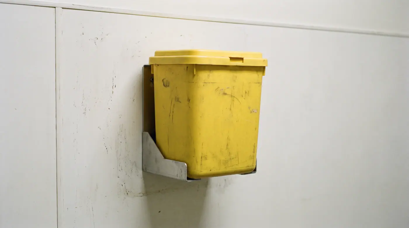 Yellow sharps disposal container, glove dispenser, clinical wall