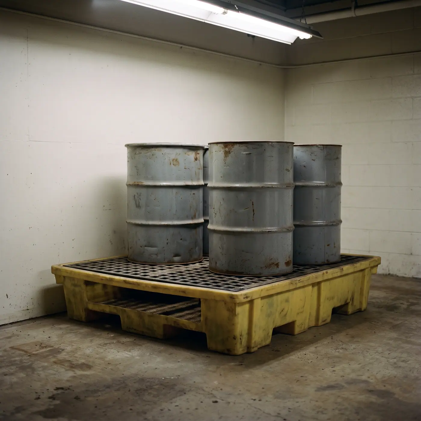 Yellow spill containment pallet steel drums warehouse safety
