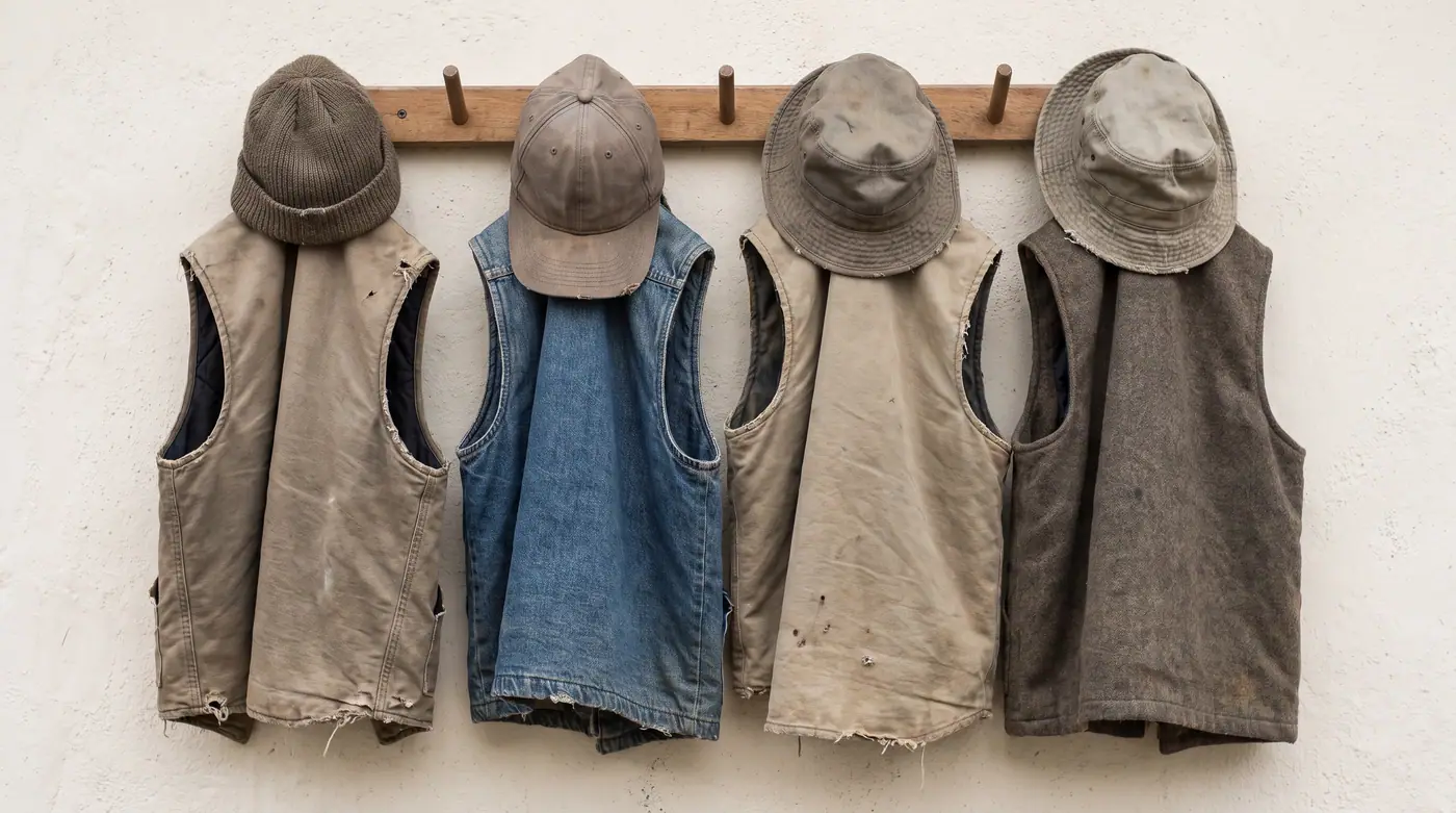 Construction vests hard hats hanging wall safety gear