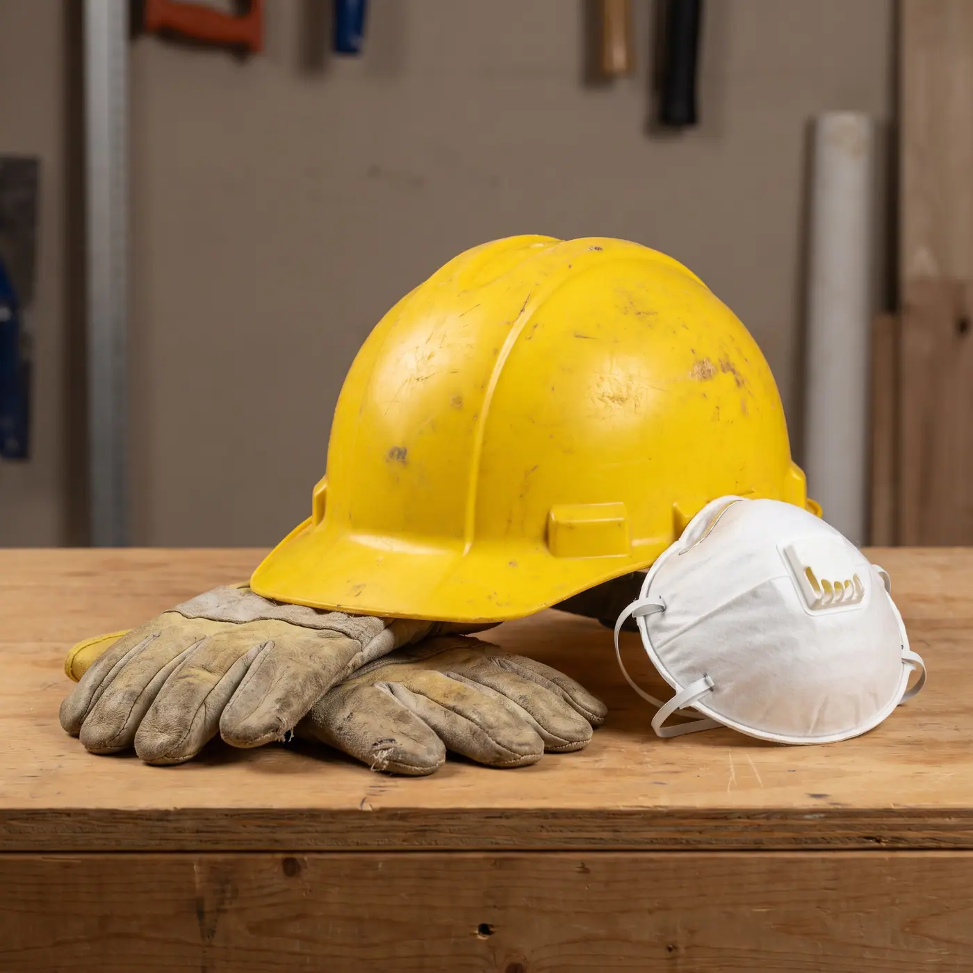 Hardhat gloves N95 PPE safety gear construction studio light