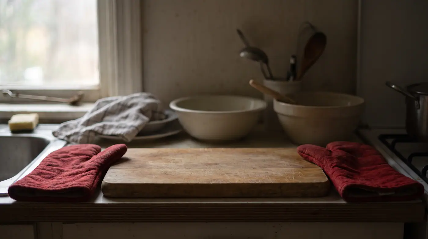 Cutting board red chopping gloves kitchen natural light straight on
