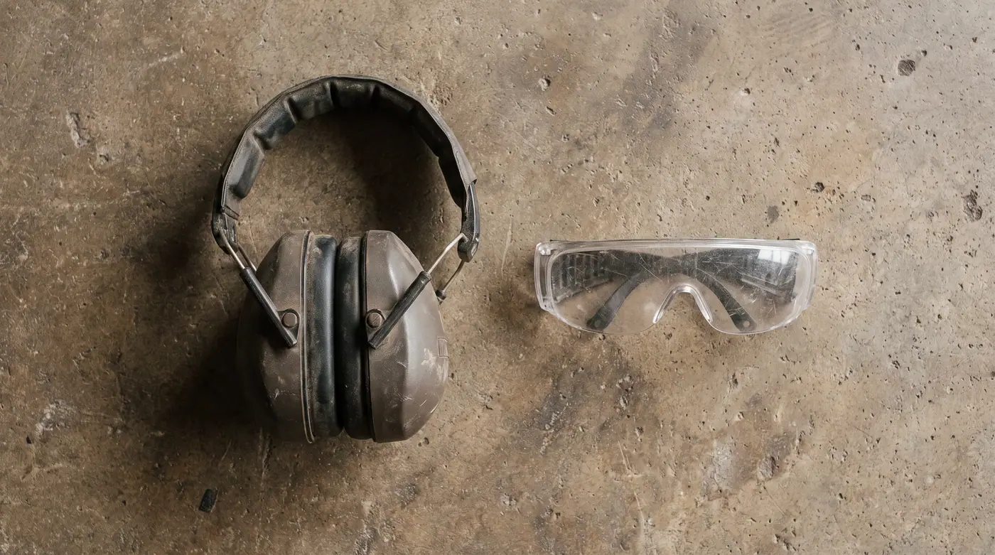 PPE hearing protection safety glasses concrete top down muted grey
