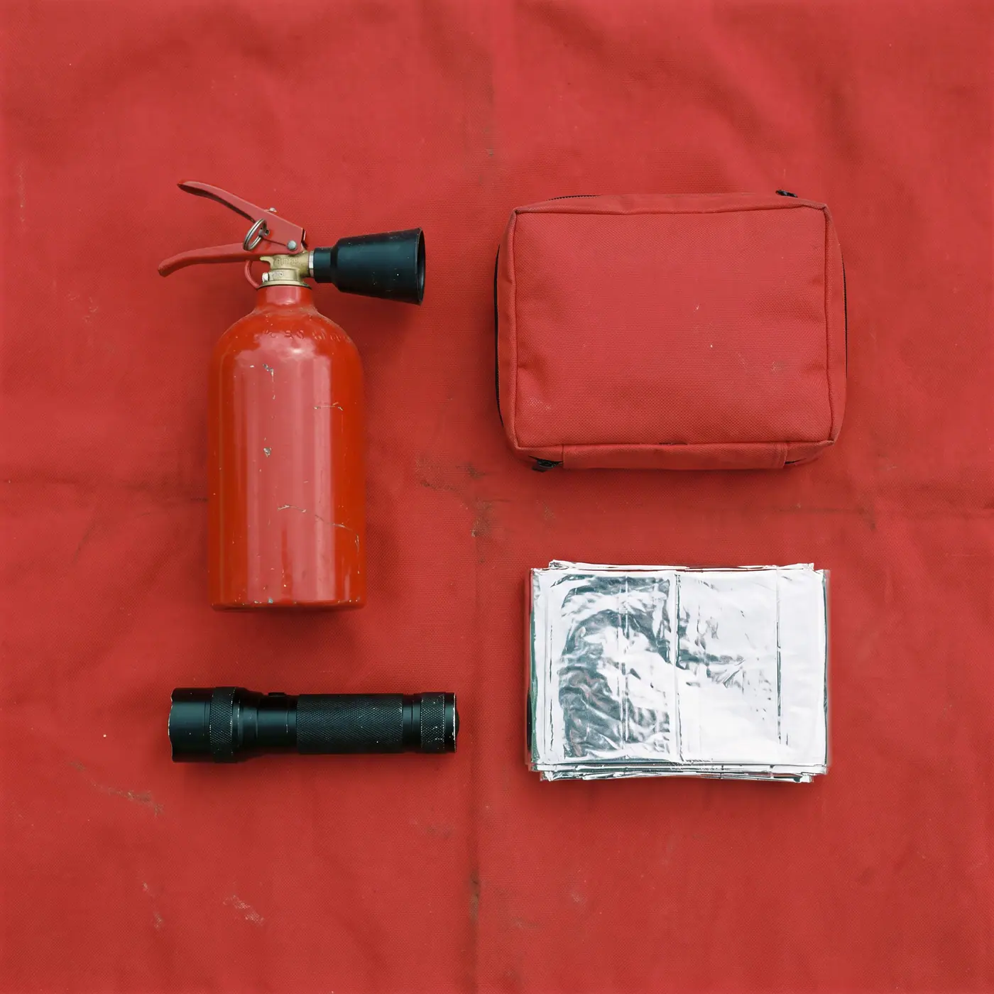 Emergency response items flat lay red background first aid fire