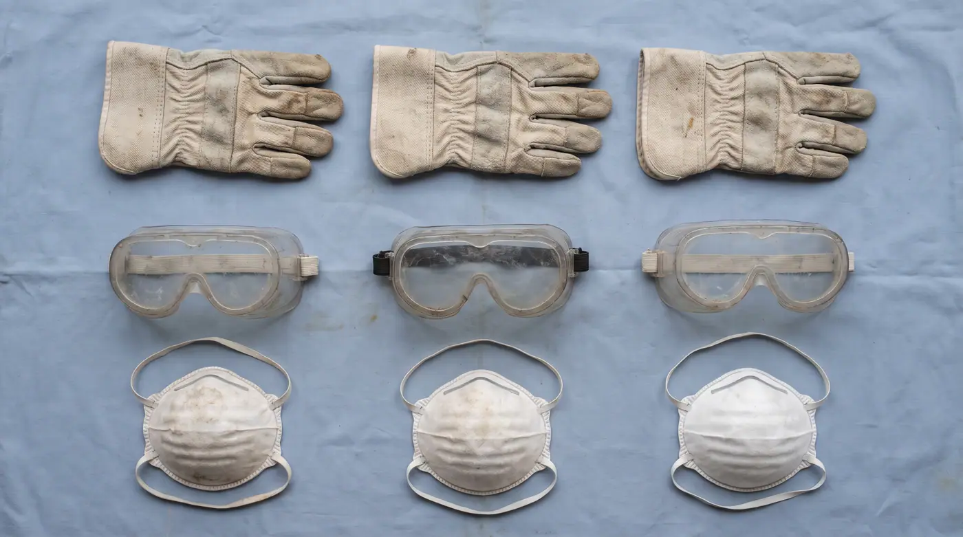 Protective gloves goggles dust mask pale blue background grid