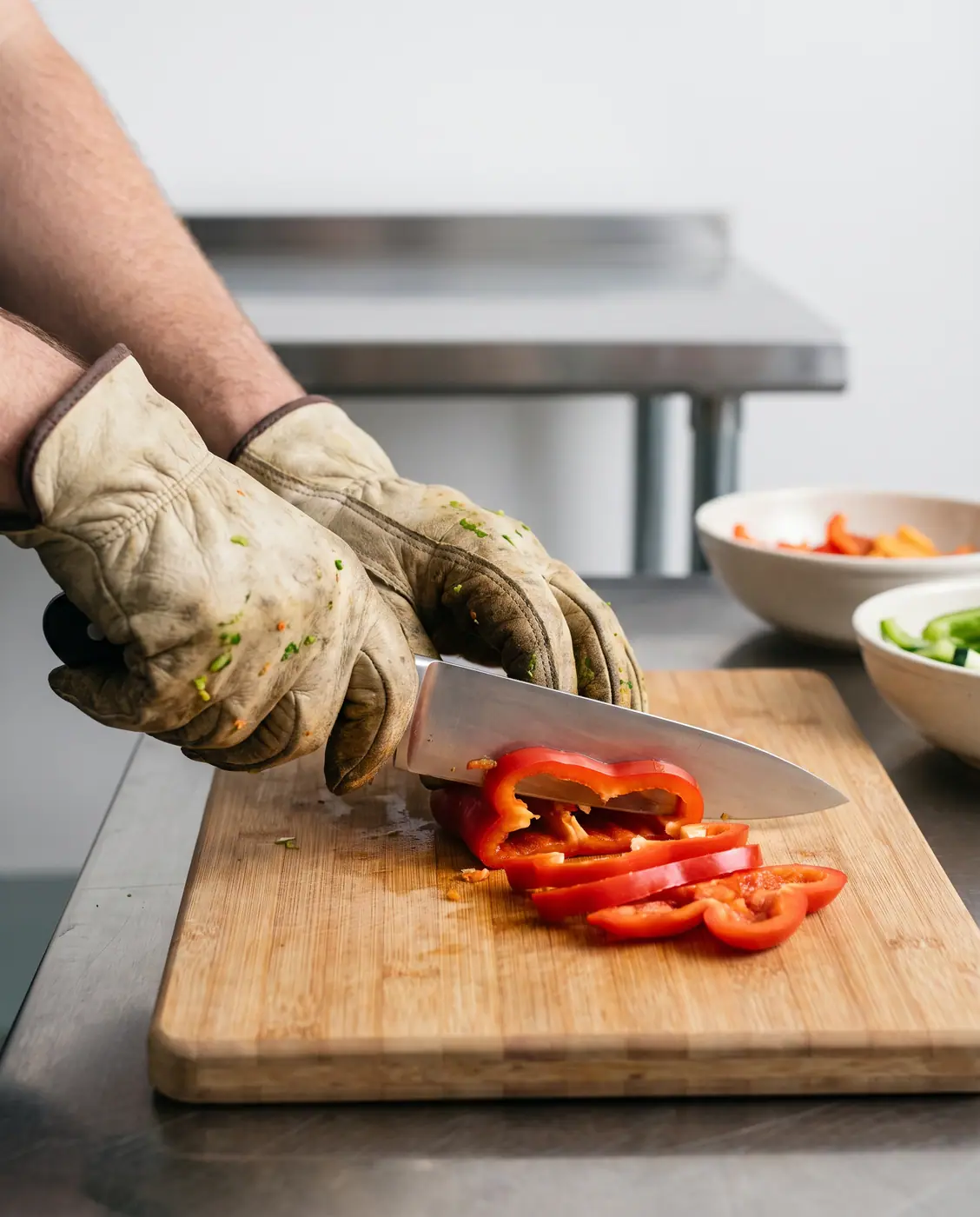 Fresh food preparation gloves slicing studio light shallow depth
