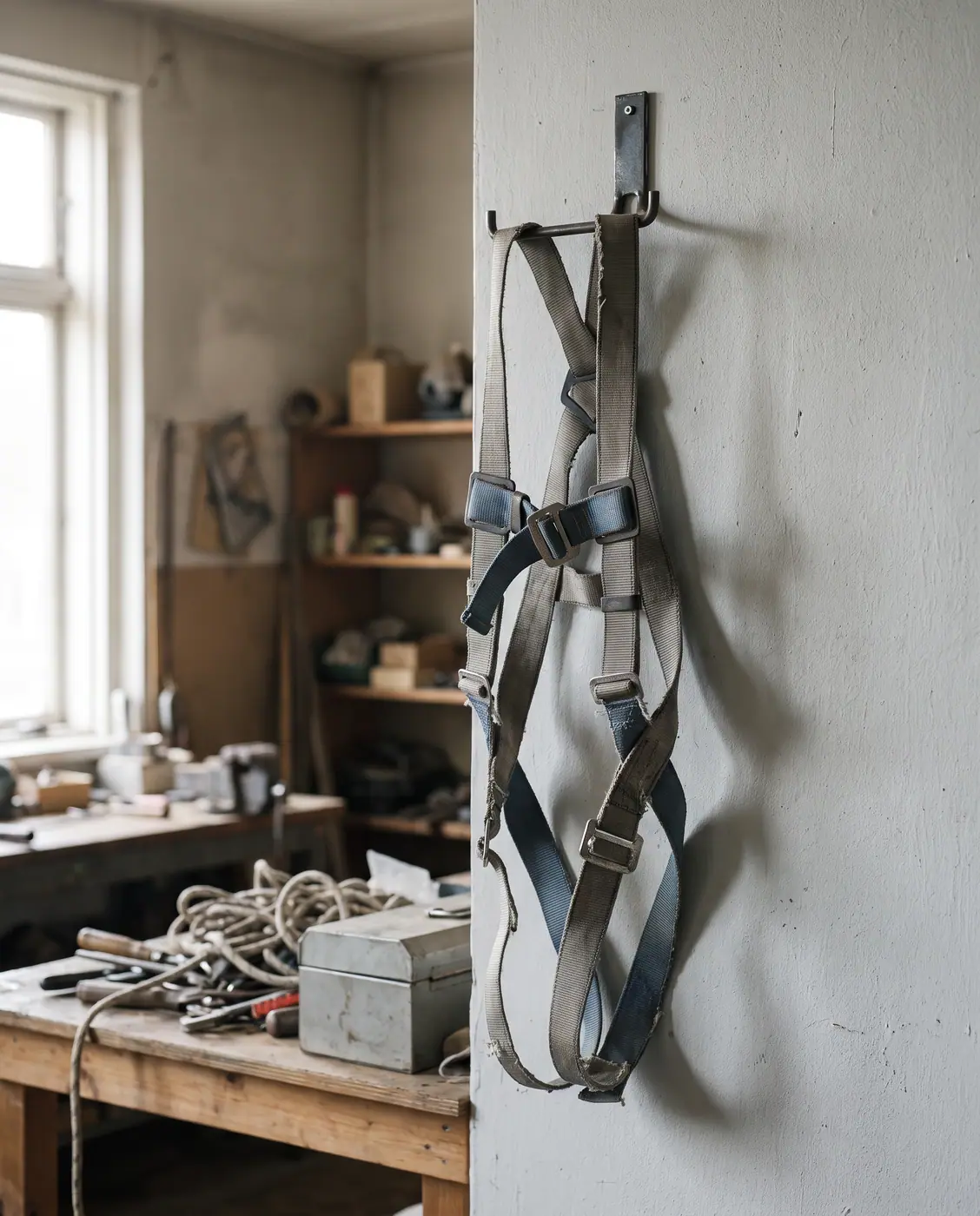 Safety fall protection harness hanging steel hook grey wall