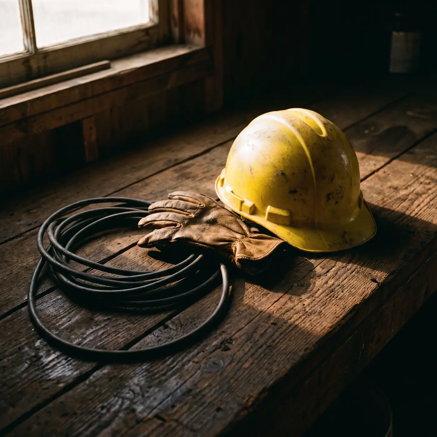 Yellow safety helmet, leather gloves, coiled cable, dark wood, warm