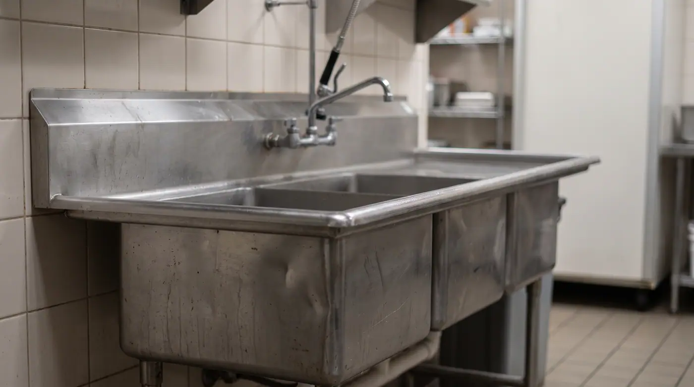 Stainless steel industrial food sink, straight on, commercial