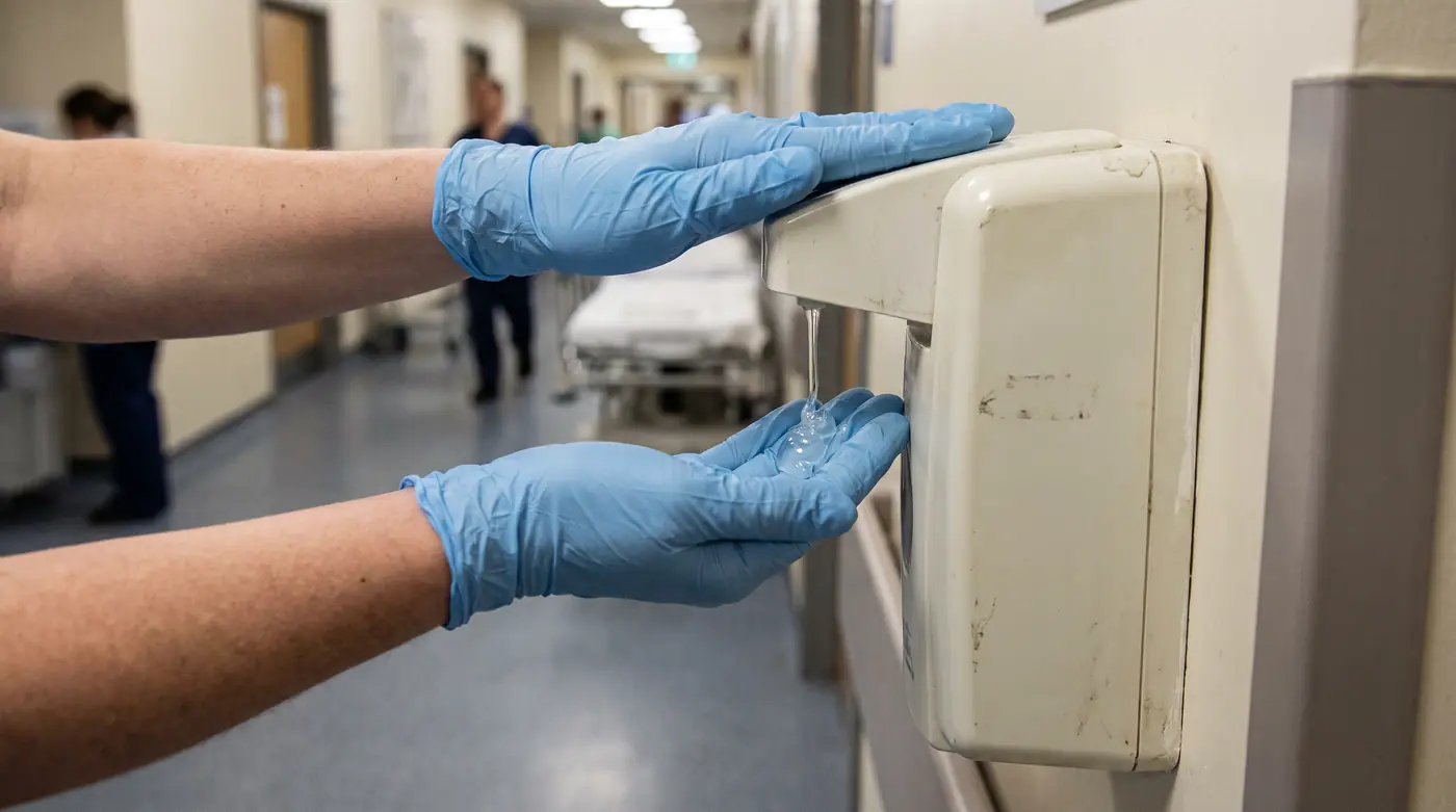 Gloved hands pressing sanitiser dispenser hospital corridor hygiene