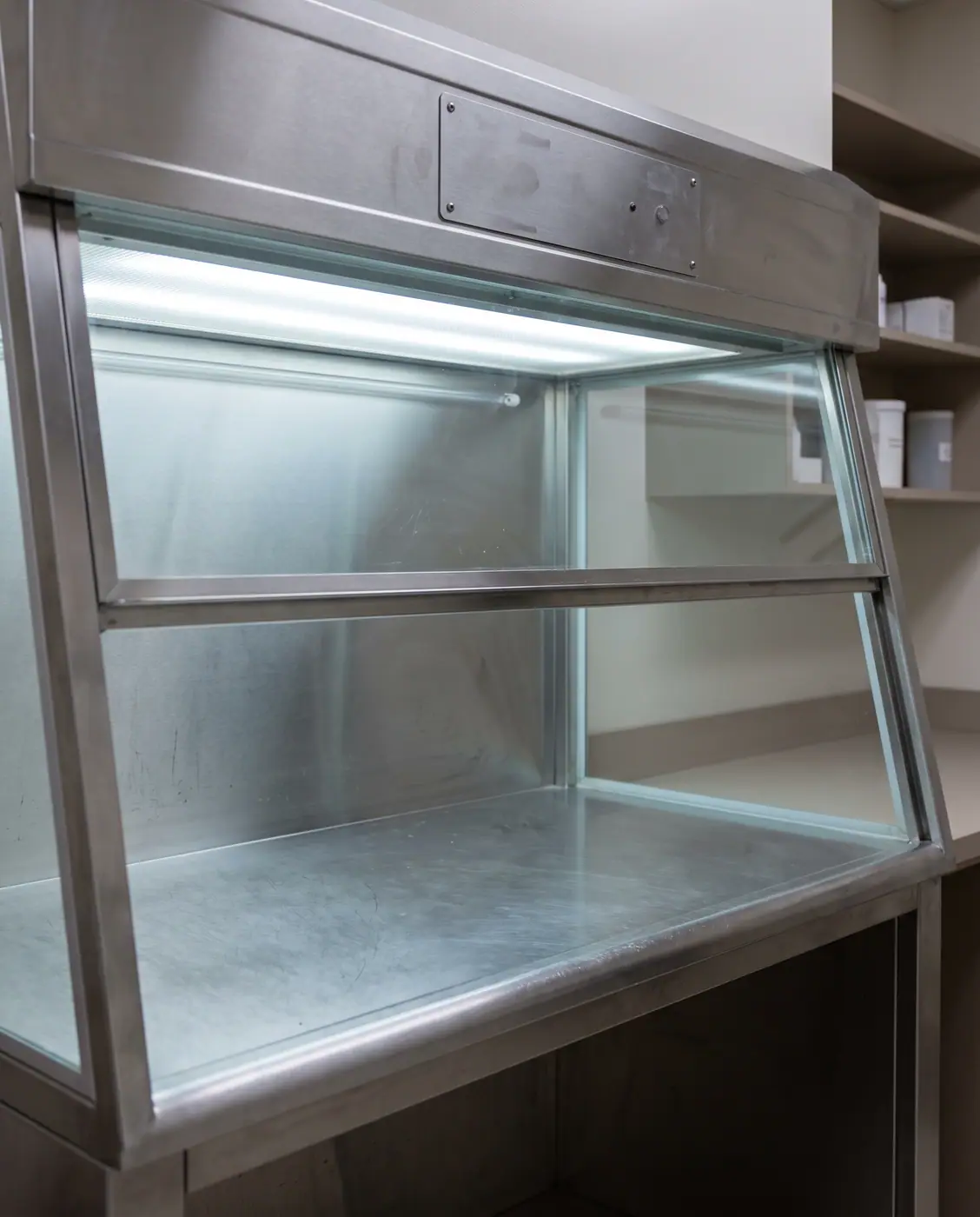 Laminar flow hood pharmacy empty stainless work surface raised