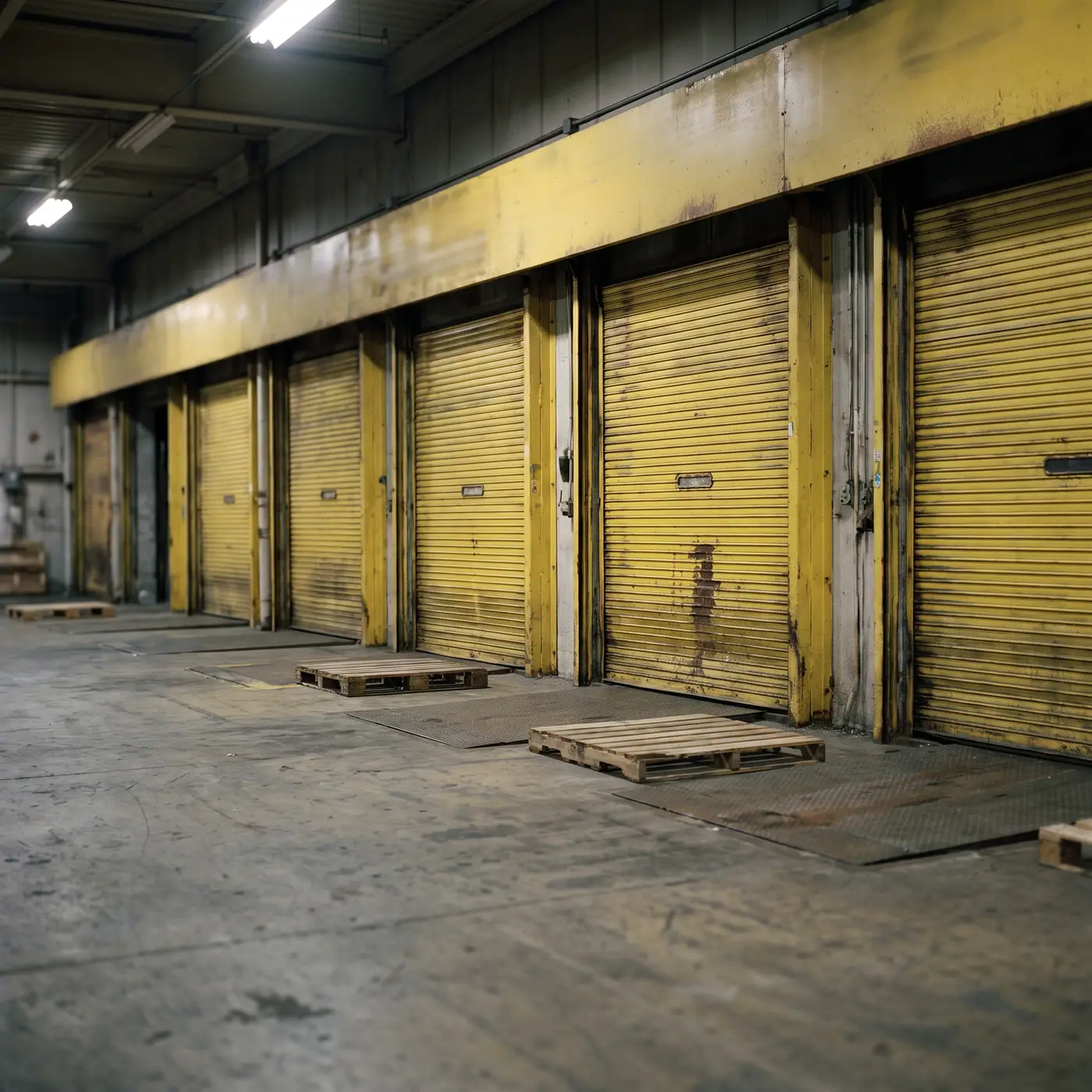 Industrial warehouse loading docks yellow row logistics indoor