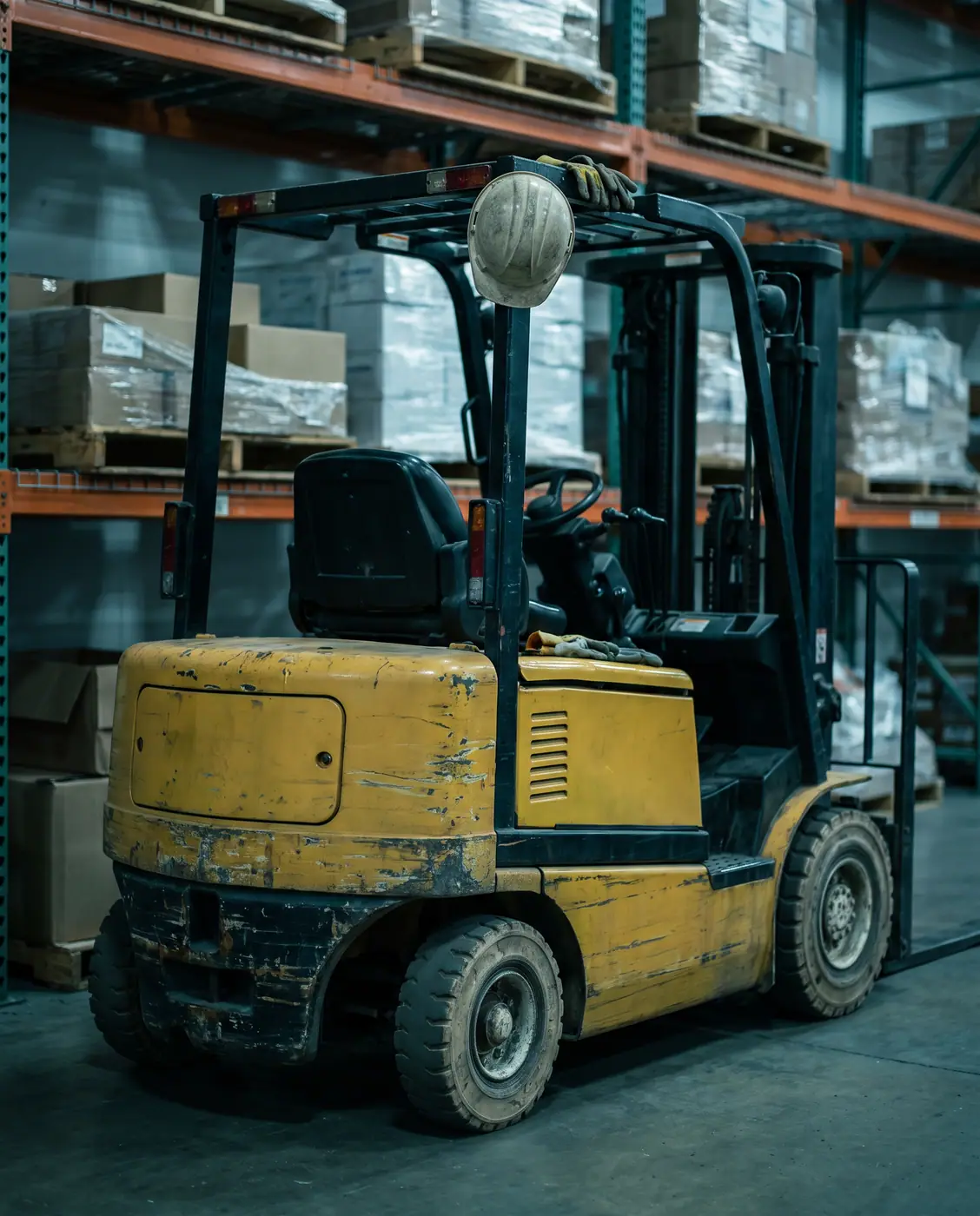 Warehouse forklift safety equipment cool light shallow depth
