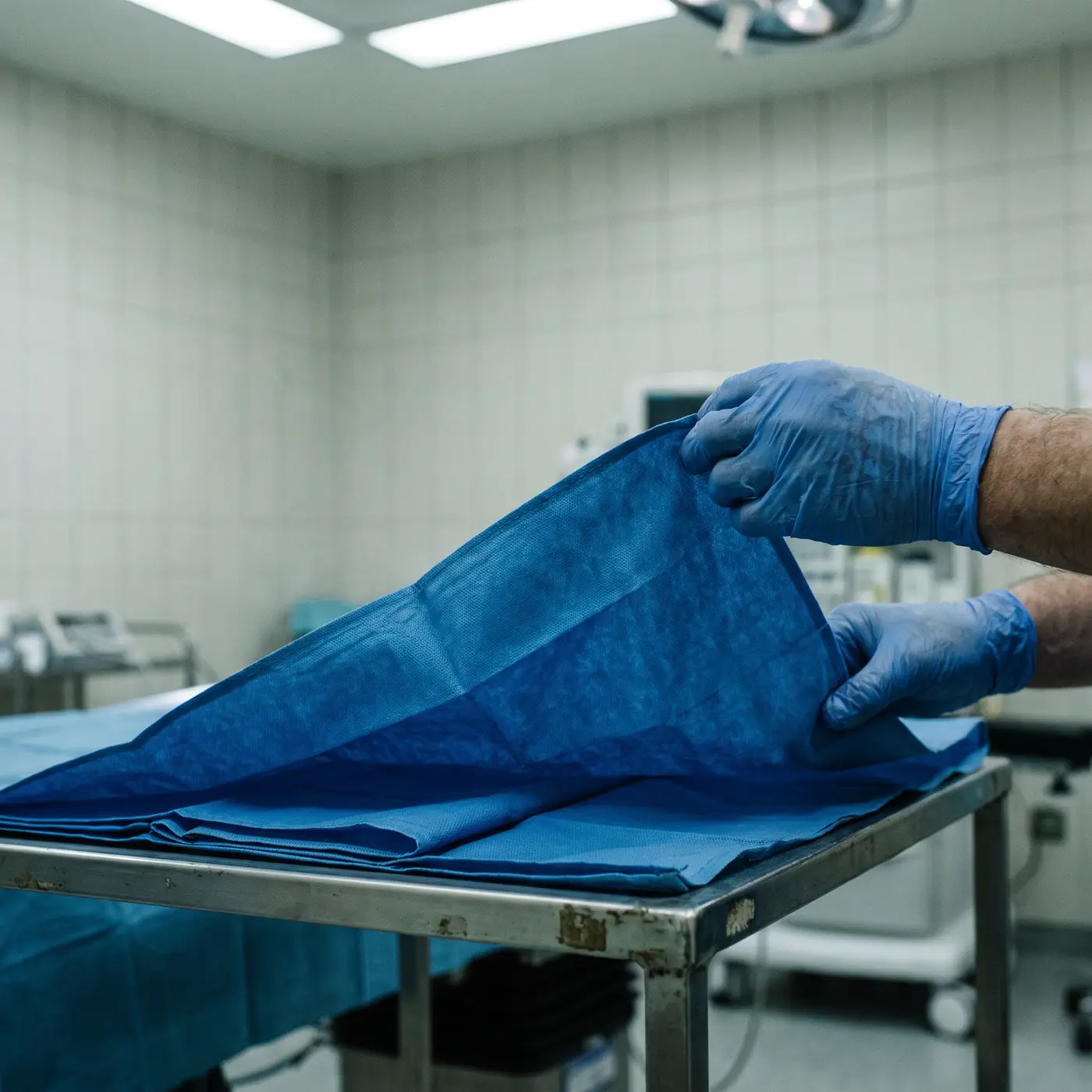 Gloved hands unfolding sterile blue drape instrument trolley theatre